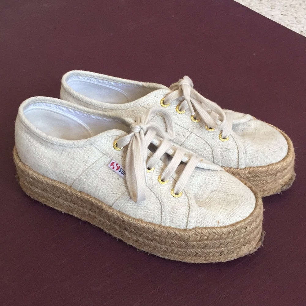 Superga - Tan Gold Platform Espadrille Sneakers